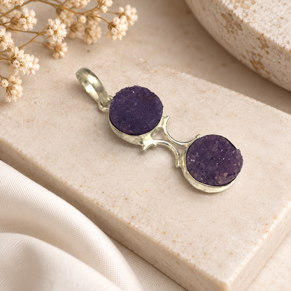 Purple Druzy Double Stone Pendant Silver Boho Jewelry PEN197-SLV-NPDY02