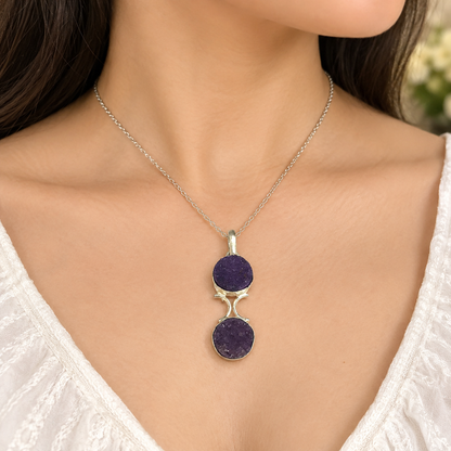 Purple Druzy Double Stone Pendant Silver Boho Jewelry PEN197-SLV-NPDY02