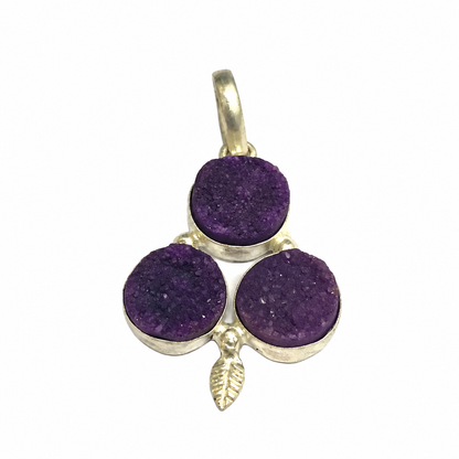 Purple Druzy Triple Stone Pendant Silver Leaf Boho Jewelry PEN198-SLV-NPDY03