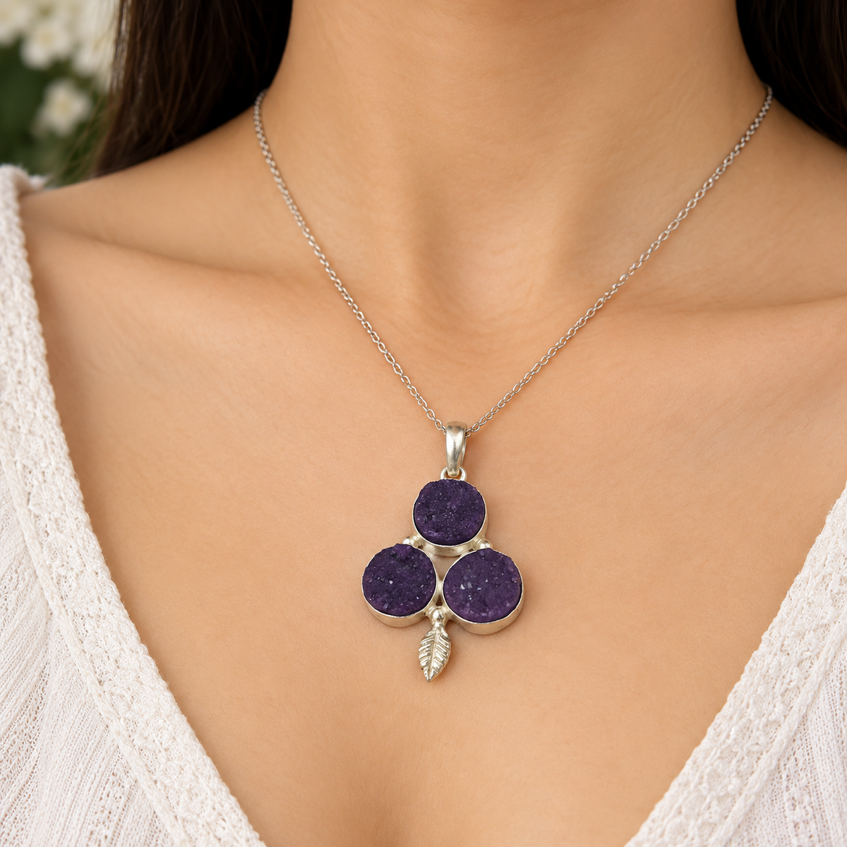 Purple Druzy Triple Stone Pendant Silver Leaf Boho Jewelry PEN198-SLV-NPDY03