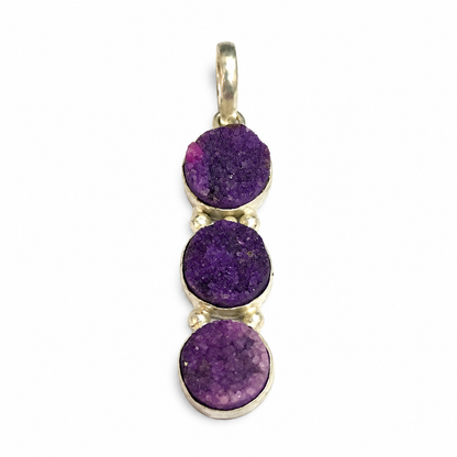 Purple Druzy Triple Pendant Silver Round Stone Boho Jewelry PEN199-SLV-NPDY03