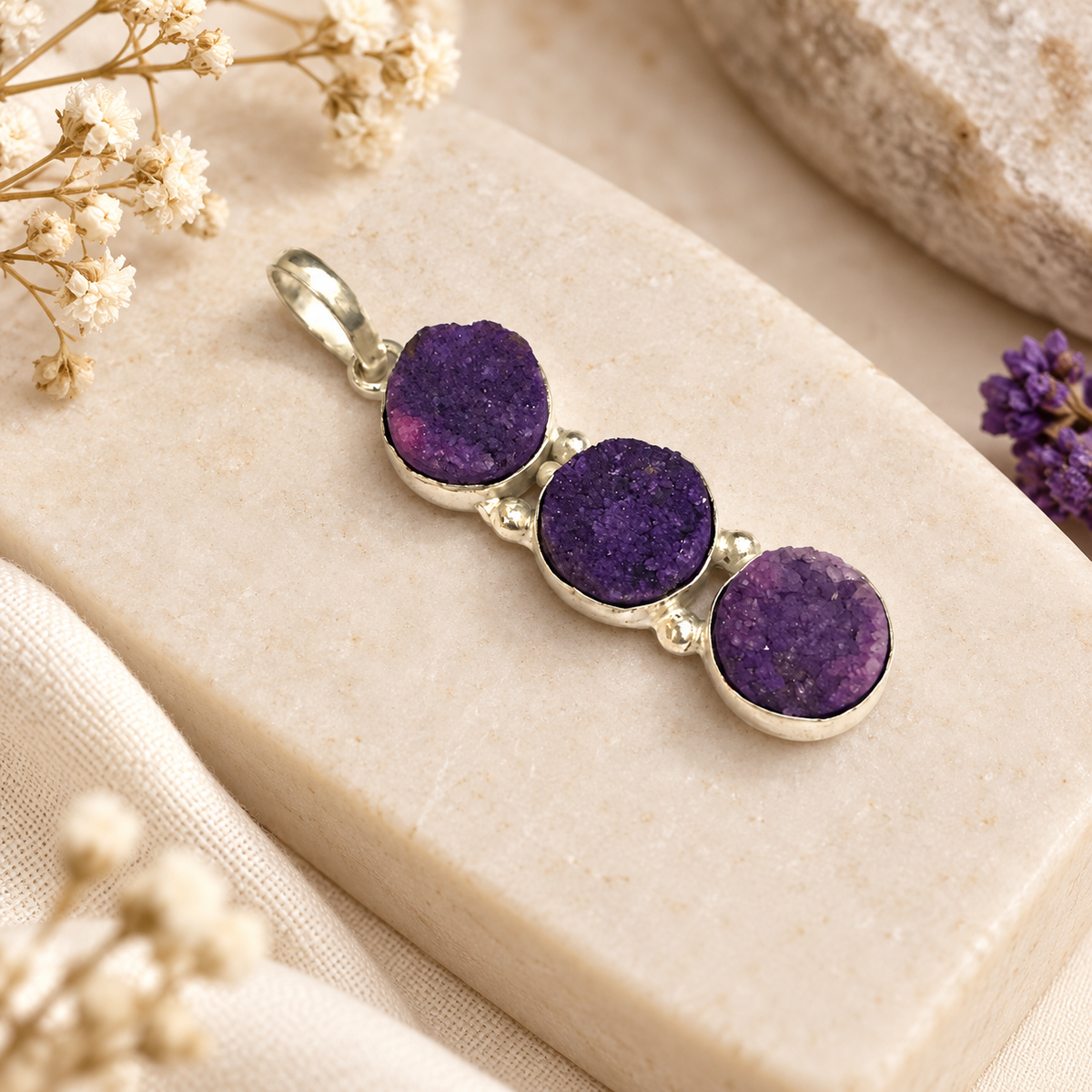Purple Druzy Triple Pendant Silver Round Stone Boho Jewelry PEN199-SLV-NPDY03