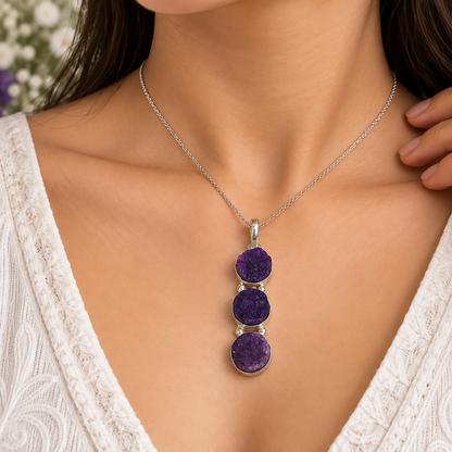 Purple Druzy Triple Pendant Silver Round Stone Boho Jewelry PEN199-SLV-NPDY03