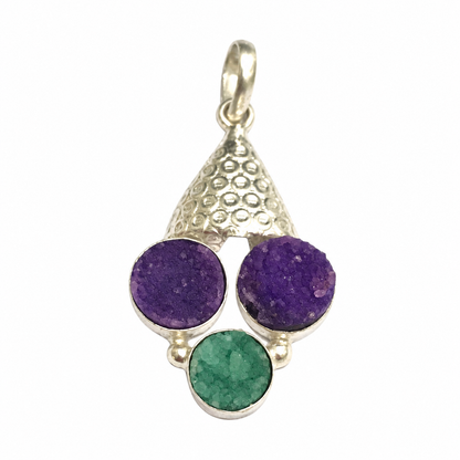 Purple Druzy & Green Druzy Pendant Silver Boho Statement Jewelry PEN200-SLV-NPDY-NGDY03