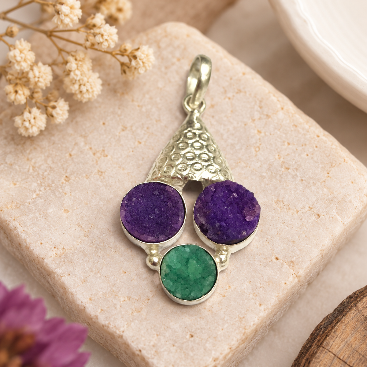 Purple Druzy & Green Druzy Pendant Silver Boho Statement Jewelry PEN200-SLV-NPDY-NGDY03