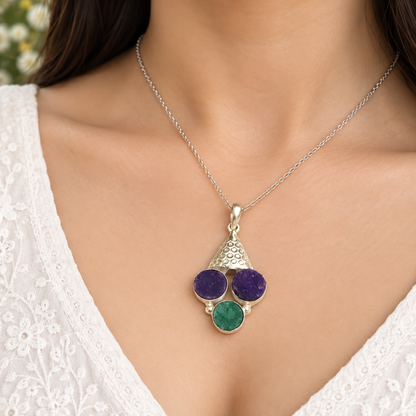Purple Druzy & Green Druzy Pendant Silver Boho Statement Jewelry PEN200-SLV-NPDY-NGDY03