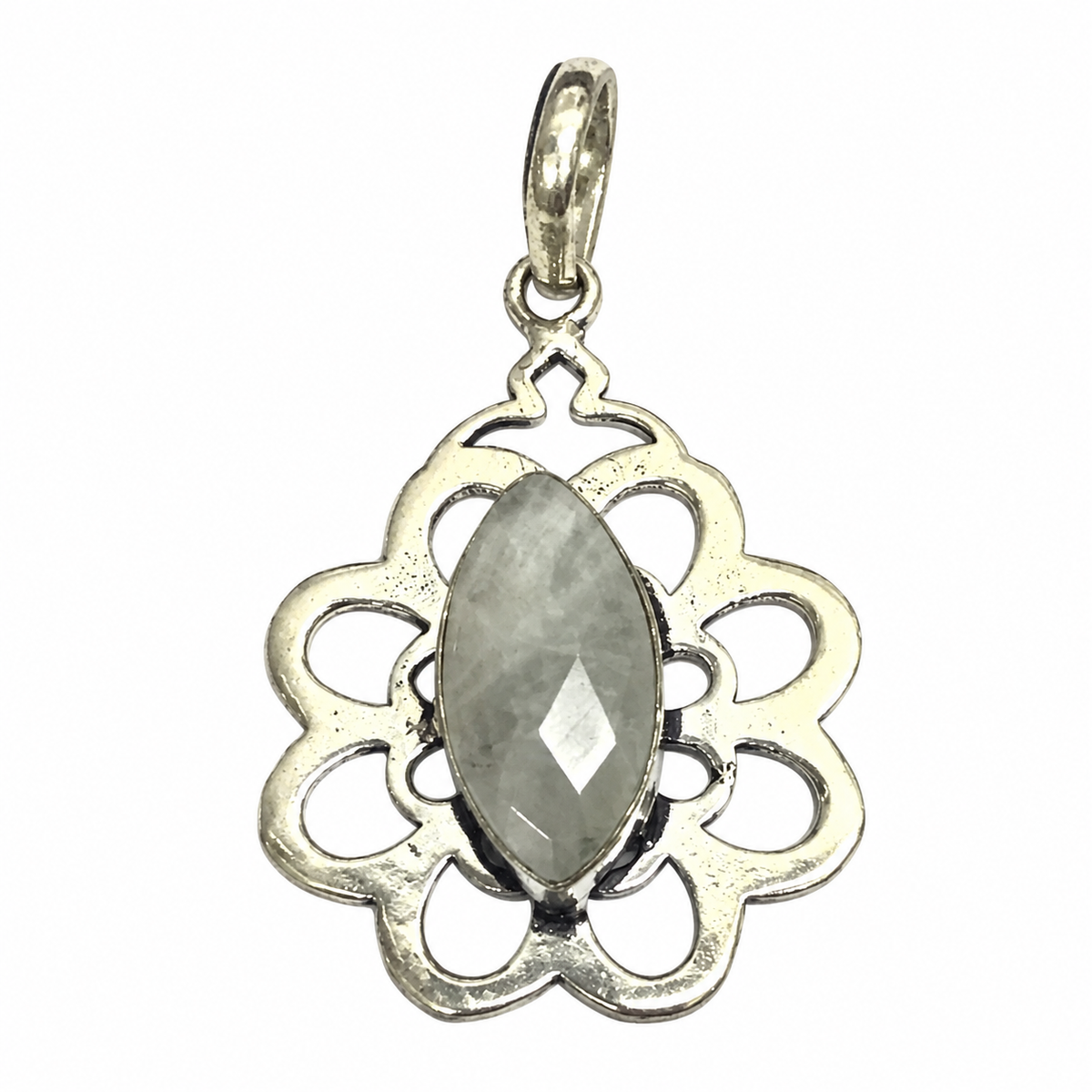 Rainbow Moonstone Floral Pendant Silver Gemstone Necklace Charm PEN202-SLV-NMS01