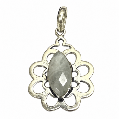 Rainbow Moonstone Floral Pendant Silver Gemstone Necklace Charm PEN202-SLV-NMS01