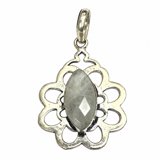 Rainbow Moonstone Floral Pendant Silver Gemstone Necklace Charm PEN202-SLV-NMS01