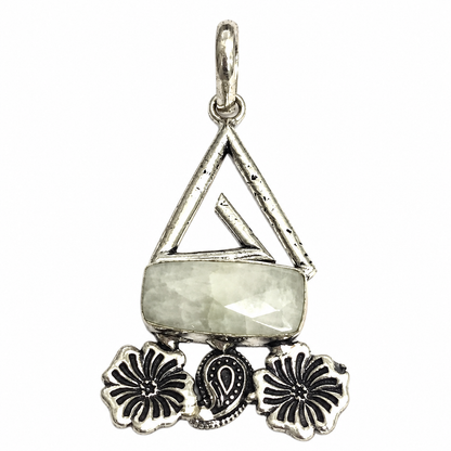 Moonstone Floral Pendant Boho Geometric Silver Tone Gemstone Jewelry PEN203-SLV-NMS01