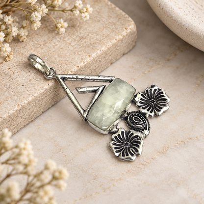 Moonstone Floral Pendant Boho Geometric Silver Tone Gemstone Jewelry PEN203-SLV-NMS01