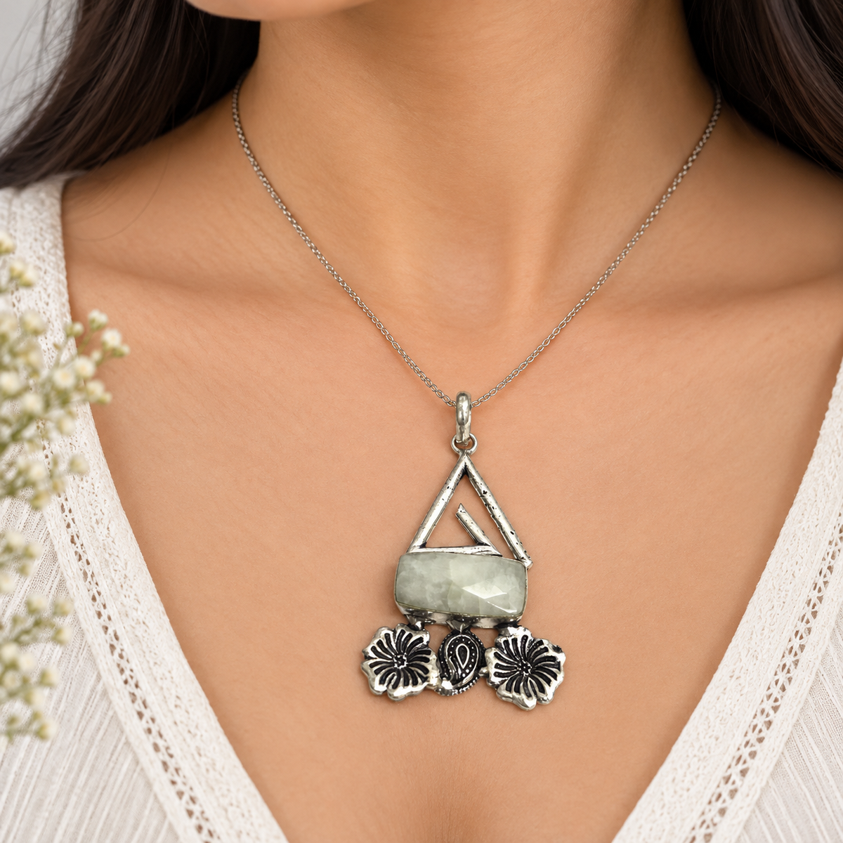 Moonstone Floral Pendant Boho Geometric Silver Tone Gemstone Jewelry PEN203-SLV-NMS01