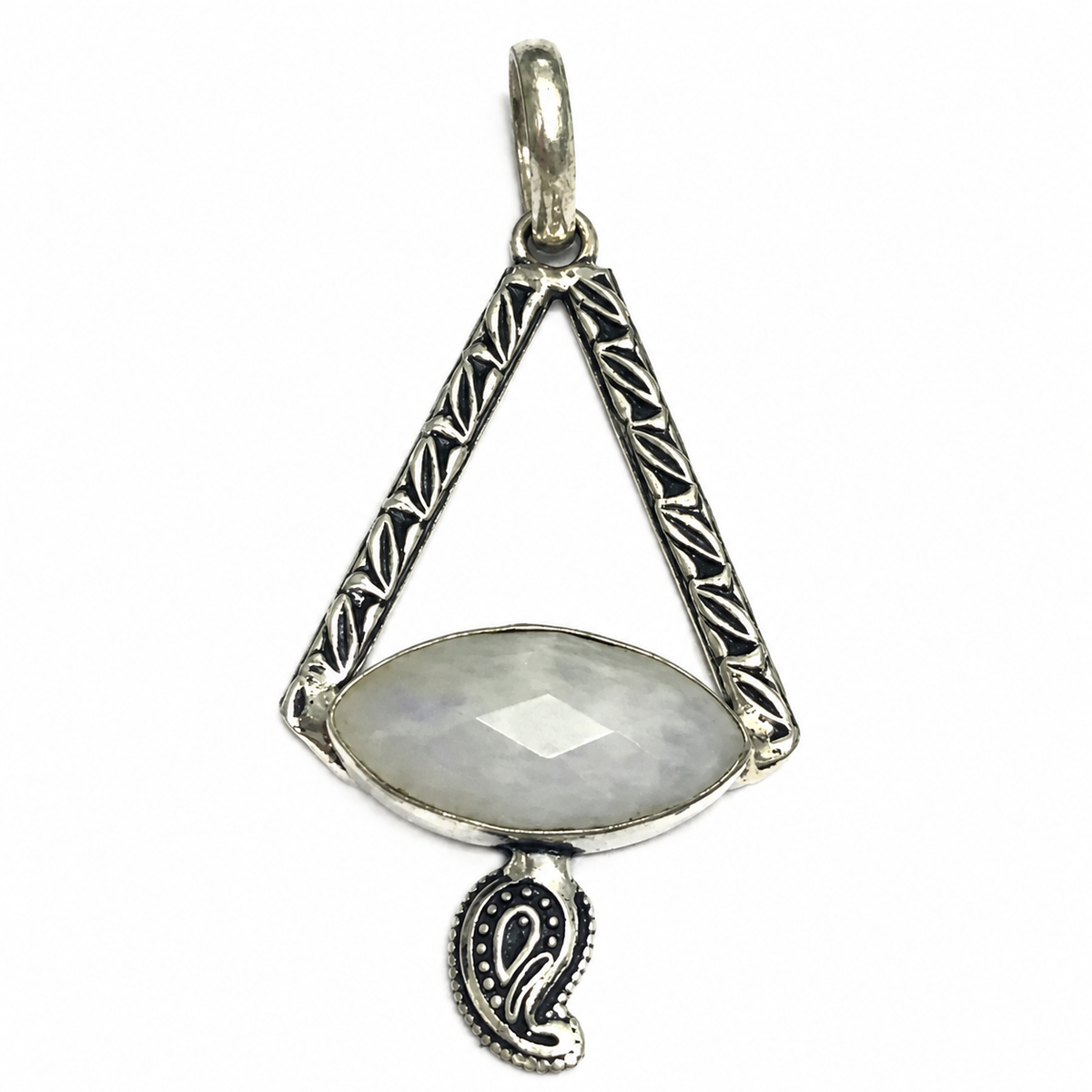 Moonstone Pendant Boho Geometric Paisley Charm Antique Silver PEN204-SLV-NMS01