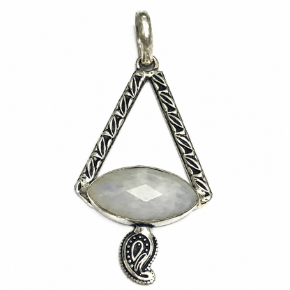 Moonstone Pendant Boho Geometric Paisley Charm Antique Silver PEN204-SLV-NMS01