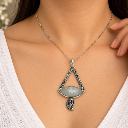 Moonstone Pendant Boho Geometric Paisley Charm Antique Silver PEN204-SLV-NMS01