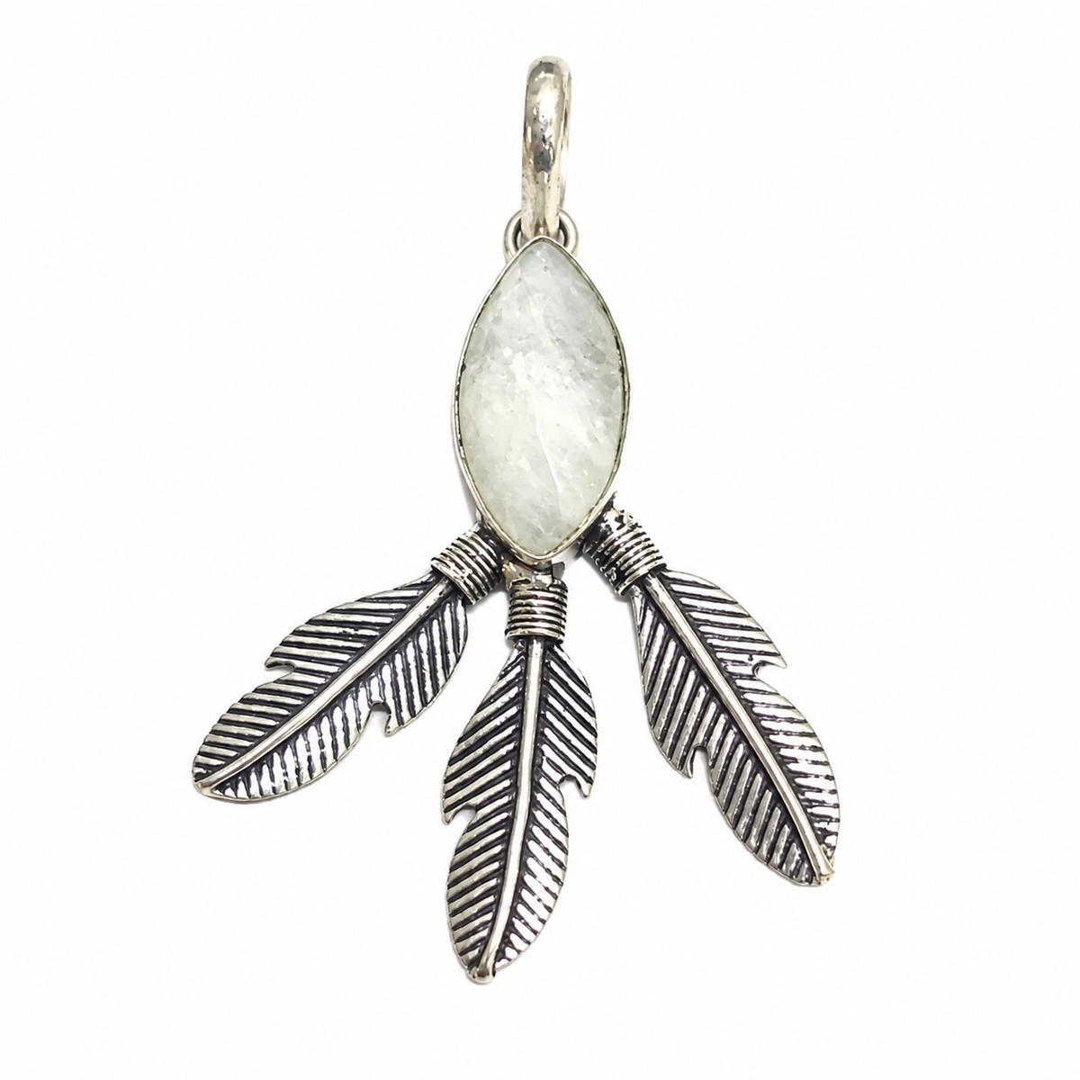 Moonstone Feather Pendant Boho Nature Charm Antique Silver Tone Jewelry PEN206-SLV-NMS01