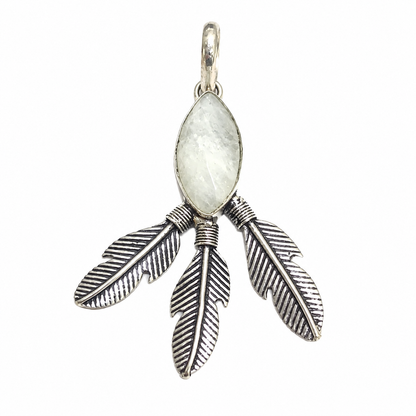 Moonstone Feather Pendant Boho Nature Charm Antique Silver Tone Jewelry PEN206-SLV-NMS01