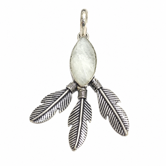 Moonstone Feather Pendant Boho Nature Charm Antique Silver Tone Jewelry PEN206-SLV-NMS01