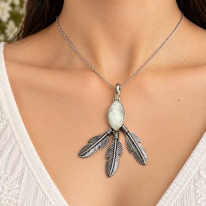 Moonstone Feather Pendant Boho Nature Charm Antique Silver Tone Jewelry PEN206-SLV-NMS01
