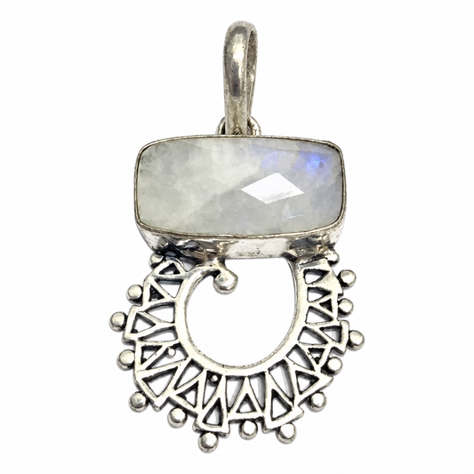 Moonstone Pendant Tribal Circle Charm Antique Silver Tone Jewelry PEN207-SLV-NMS01