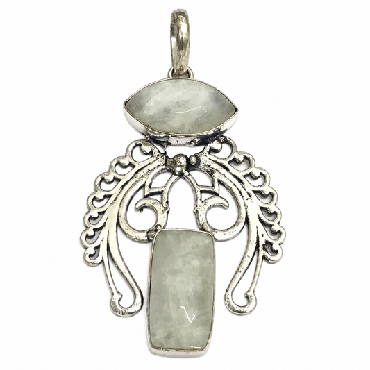 Moonstone Double Gemstone Pendant Ornate Boho Silver Tone Jewelry PEN208-SLV-NMS02