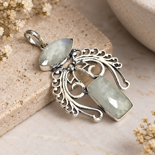 Moonstone Double Gemstone Pendant Ornate Boho Silver Tone Jewelry PEN208-SLV-NMS02