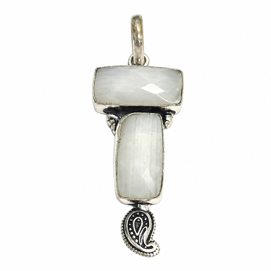Moonstone Double Stone Pendant Paisley Charm Boho Silver Tone Jewelry PEN209-SLV-NMS02