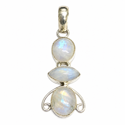 Moonstone Pendant Three Stone Boho Charm Silver Tone Artisan Jewelry PEN210-SLV-NMS03