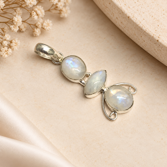 Moonstone Pendant Three Stone Boho Charm Silver Tone Artisan Jewelry PEN210-SLV-NMS03