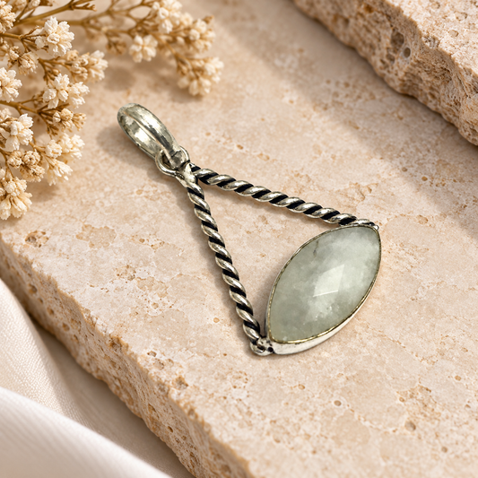 Moonstone Marquise Pendant Twisted Frame Charm Silver Tone Jewelry PEN214-SLV-NMS01