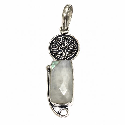 Moonstone Pendant Antique Peacock Charm Silver Tone Gemstone Jewelry PEN215-SLV-NMS01