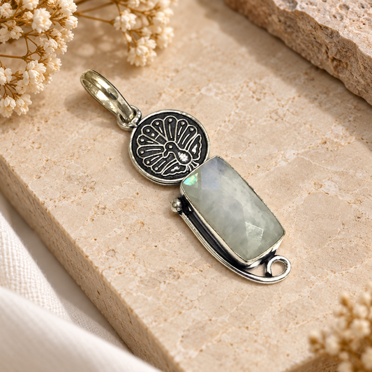 Moonstone Pendant Antique Peacock Charm Silver Tone Gemstone Jewelry PEN215-SLV-NMS01
