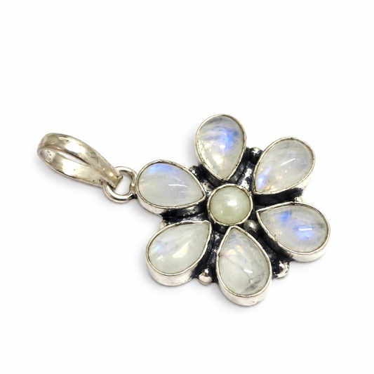 Moonstone Floral Pendant Gemstone Charm Boho Silver Tone Jewelry PEN216-SLV-NMS+NPRL07