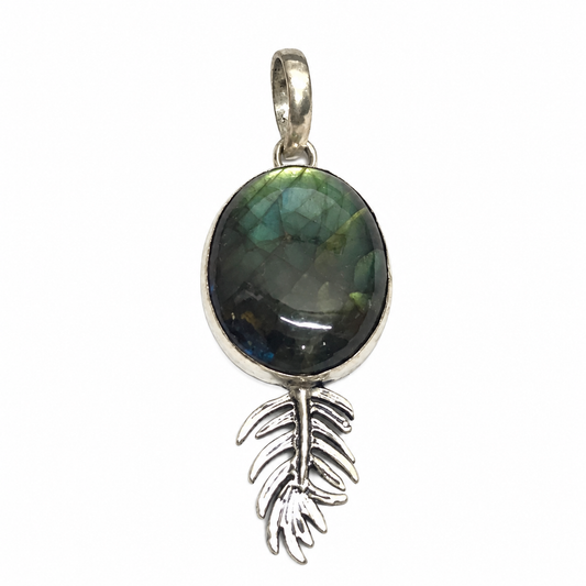 Labradorite Feather Pendant Nature Charm Antique Silver Tone Jewelry PEN218-SLV-NLBD01