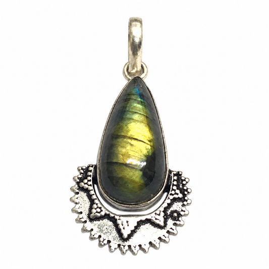 Labradorite Pendant Teardrop Gemstone Charm Ornate Boho Jewelry PEN220-SLV-NLBD01