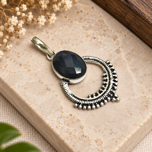 Labradorite Gemstone Silver Pendant Oxidized Statement Necklace PEN221-SLV-NLBD01