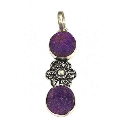 Purple Druzy Silver Pendant Floral Boho Statement Jewelry Elegant Gift PEN223-SLV-NPDY02