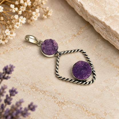 Purple Druzy Pendant Silver Tone Boho Statement Jewelry Handmade Gift PEN224-SLV-NPDY02