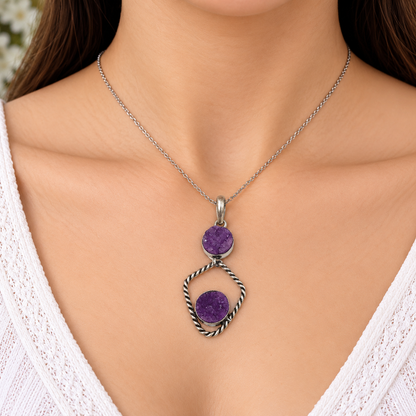 Purple Druzy Pendant Silver Tone Boho Statement Jewelry Handmade Gift PEN224-SLV-NPDY02