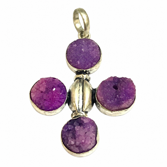 Purple Druzy Cross Pendant Silver Tone Statement Jewelry Boho Gift PEN225-SLV-NPDY04