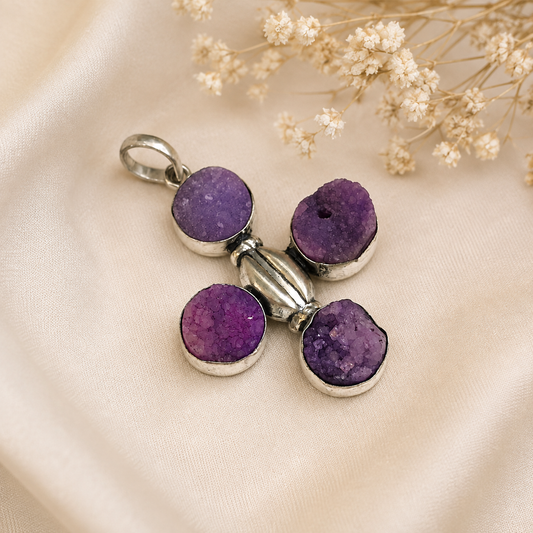 Purple Druzy Cross Pendant Silver Tone Statement Jewelry Boho Gift PEN225-SLV-NPDY04