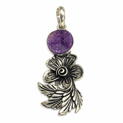 Natural Purple Druzy Silver Pendant Floral Boho Gemstone Jewelry PEN227-SLV-NPDY01
