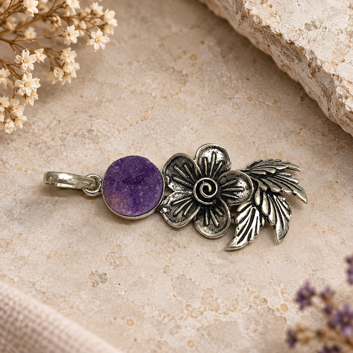 Natural Purple Druzy Silver Pendant Floral Boho Gemstone Jewelry PEN227-SLV-NPDY01