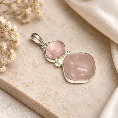 Rose Quartz Silver Pendant Natural Pink Gemstone Statement Jewelry PEN228-SLV-NRQ02