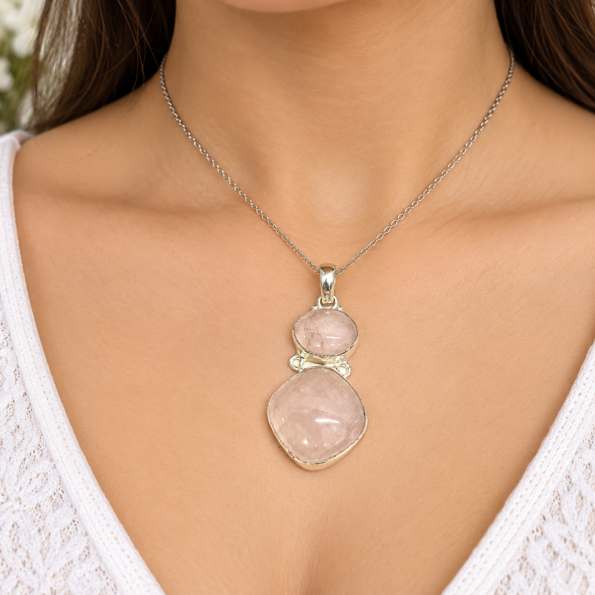 Rose Quartz Silver Pendant Natural Pink Gemstone Statement Jewelry PEN228-SLV-NRQ02