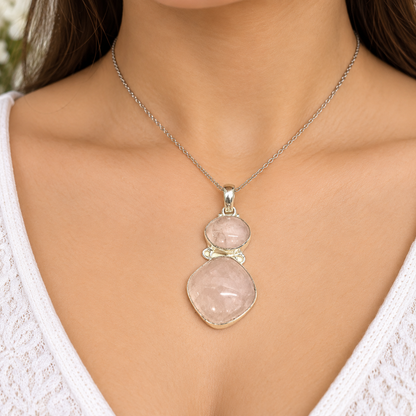 Rose Quartz Silver Pendant Natural Pink Gemstone Statement Jewelry PEN228-SLV-NRQ02