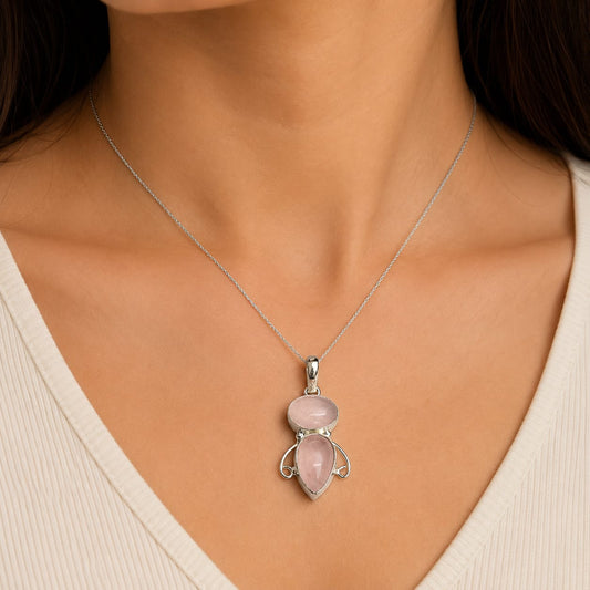 Rose Quartz Silver Pendant Double Stone Jewelry Elegant Handmade Gift PEN229-SLV-NRQ02
