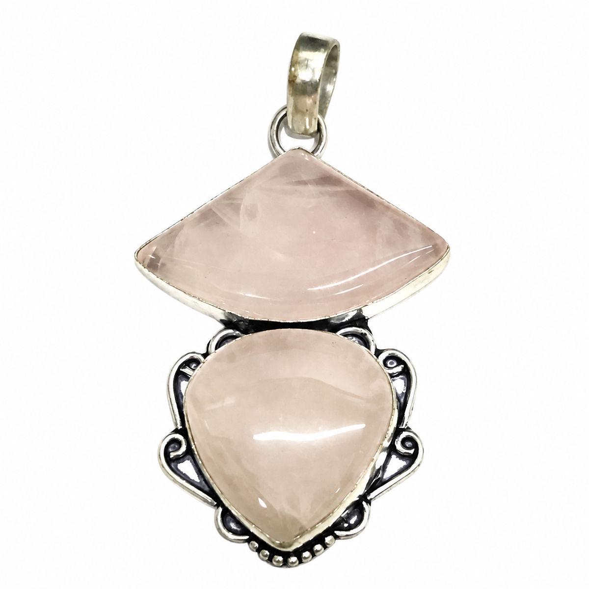 Rose Quartz Statement Pendant, Vintage Boho Style Jewelry PEN230-SLV-NRQ02