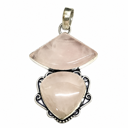 Rose Quartz Statement Pendant, Vintage Boho Style Jewelry PEN230-SLV-NRQ02