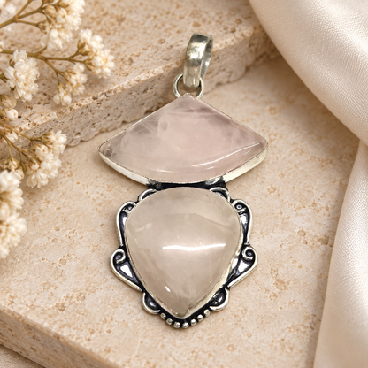 Rose Quartz Statement Pendant, Vintage Boho Style Jewelry PEN230-SLV-NRQ02